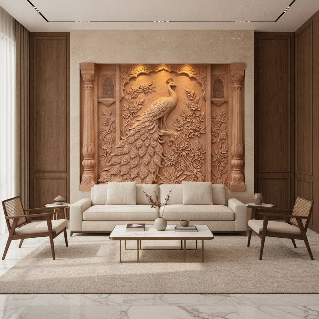 Rajasthani Peacock Sandstone 3D Relief Art