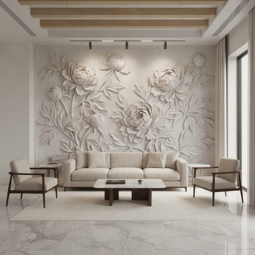 White Peony Floral 3D Relief Art