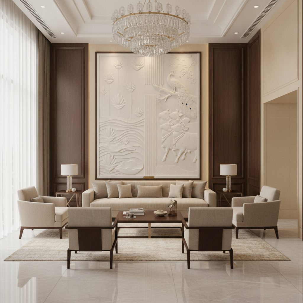 Marble Lotus Pond & Peacock 3D Relief Art