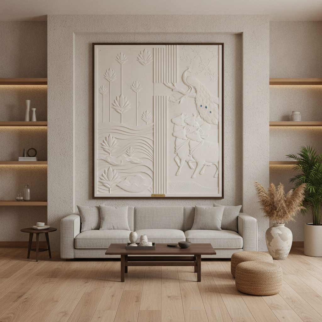 Marble Lotus Pond & Peacock 3D Relief Art