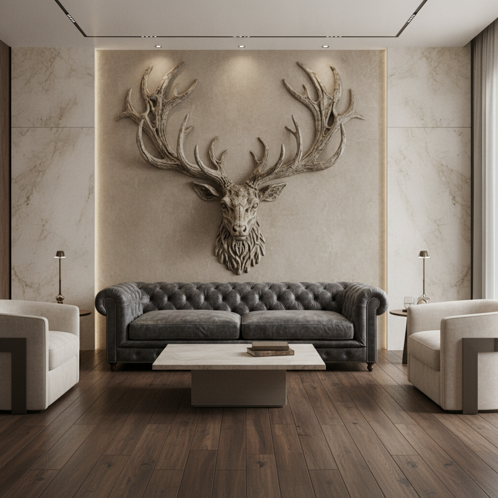 Rustic Deer Head Antler 3D Relief Art