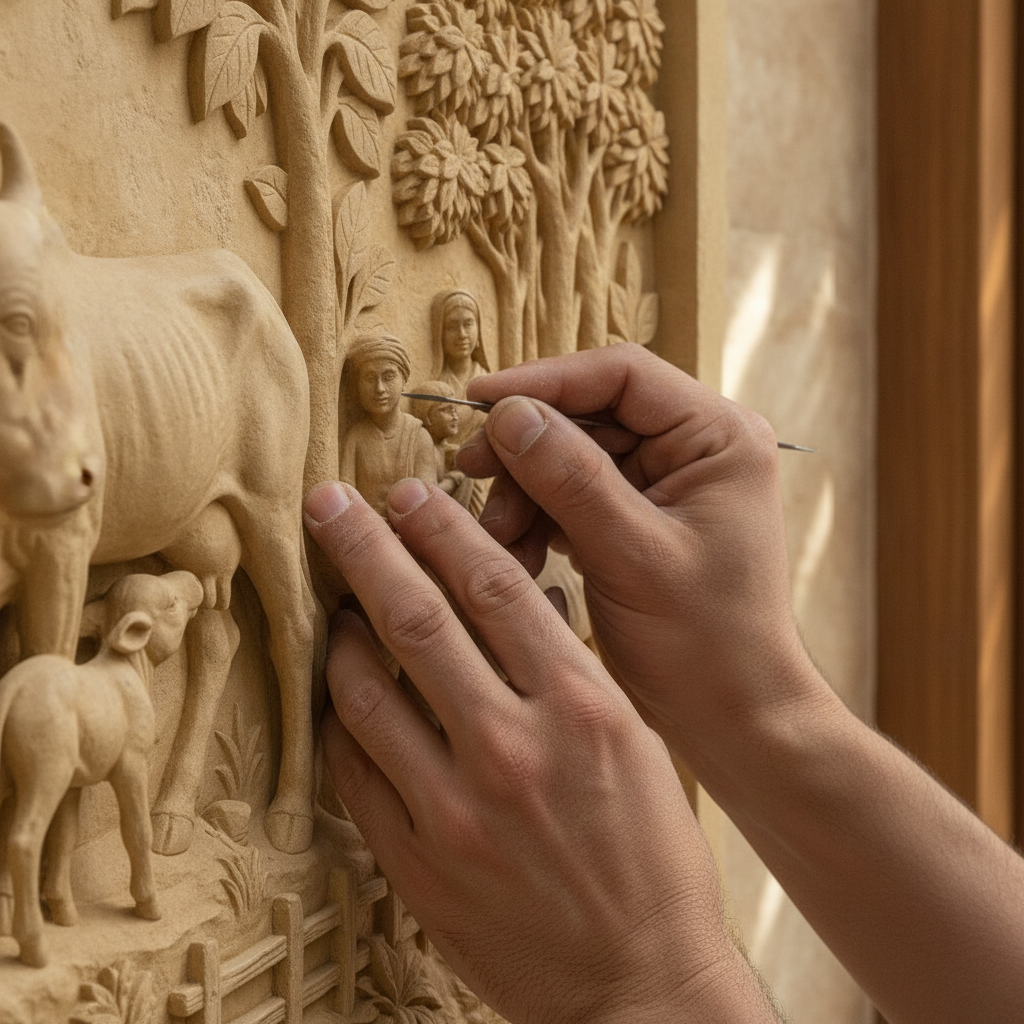 Gaushala Village Cows 3D Relief Art