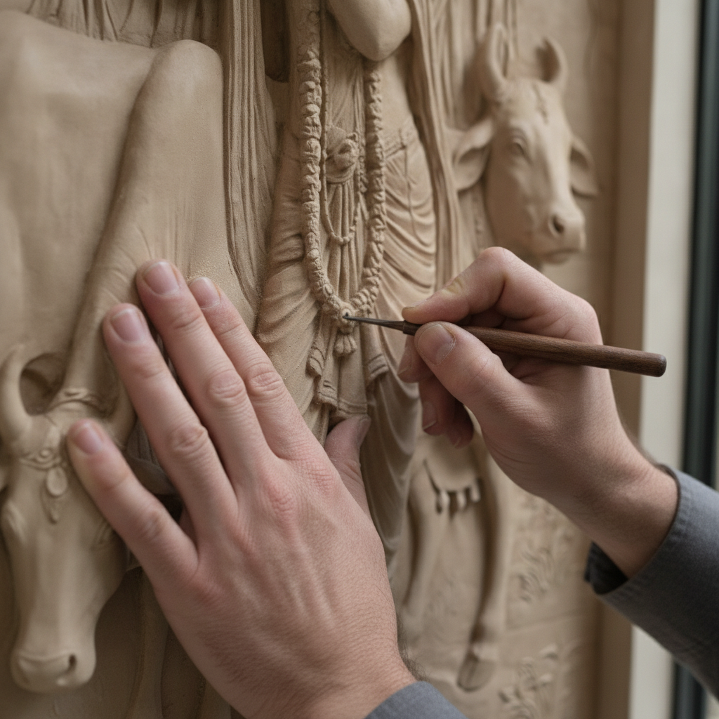 Krishna Flute & Cows Banyan 3D Relief Art