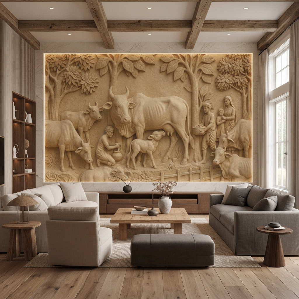 Gaushala Village Cows 3D Relief Art