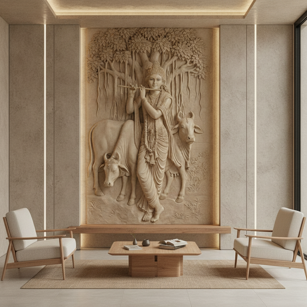 Krishna Flute & Cows Banyan 3D Relief Art