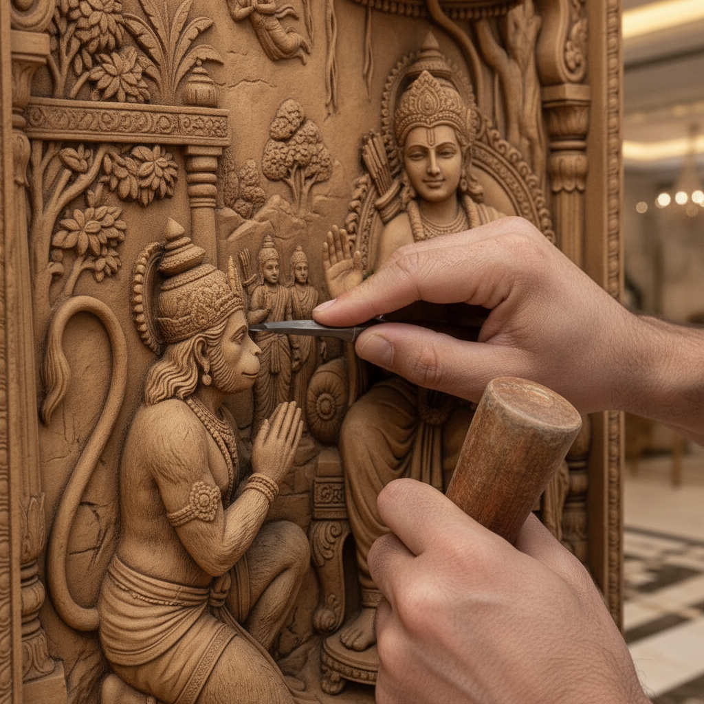 Hanuman Bowing to Ram Darbar 3D Relief Art