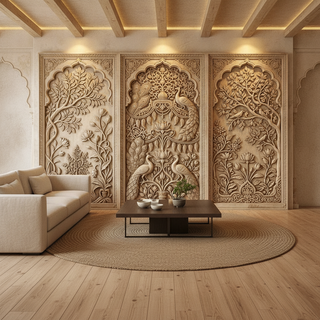 Triple Peacock & Floral Jaali 3D Relief Art