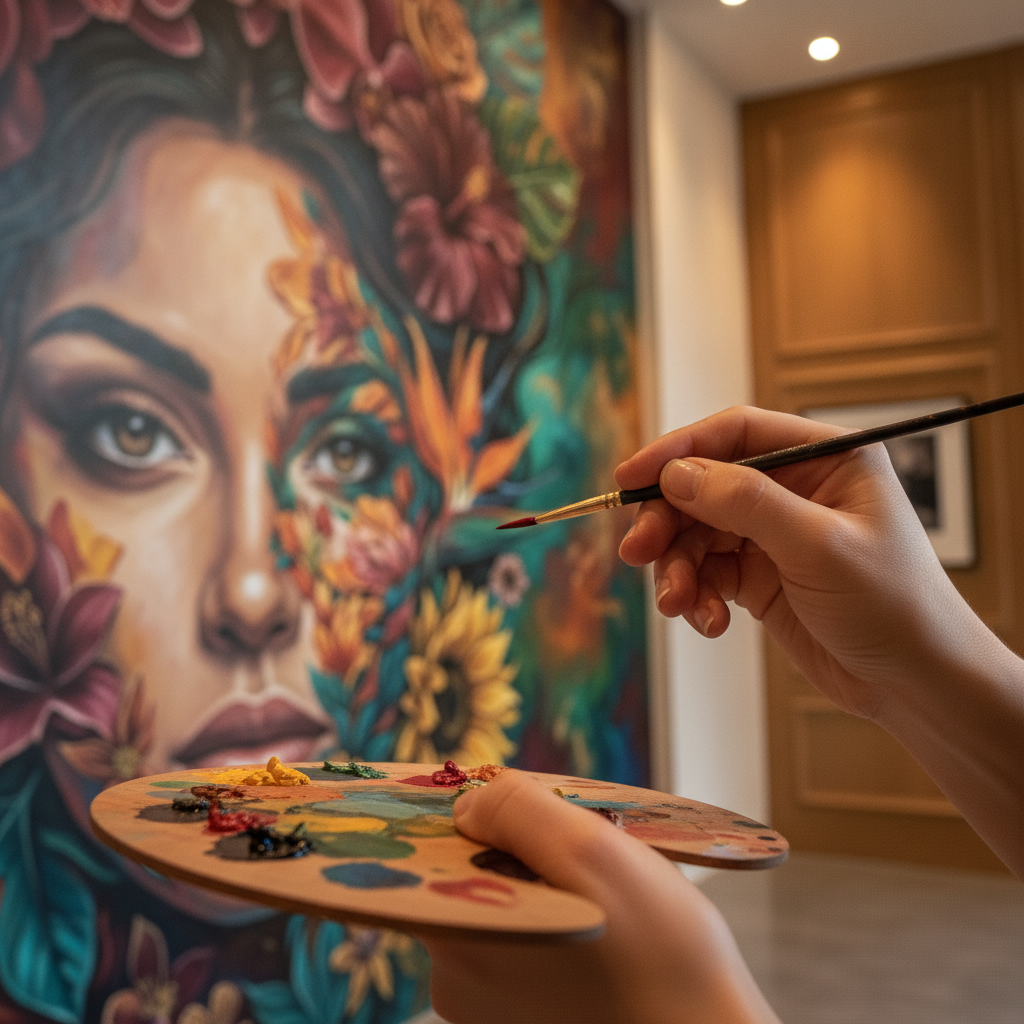 Jewel Tone Floral Face Mural Wall Art