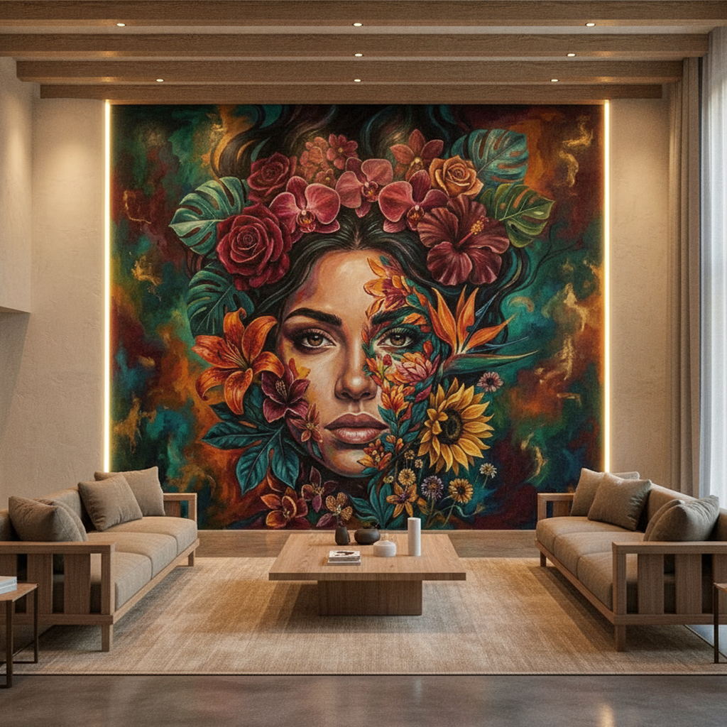 Jewel Tone Floral Face Mural Wall Art