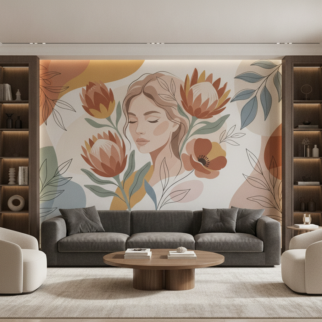 Boho Line Art Protea Mural Wall Art