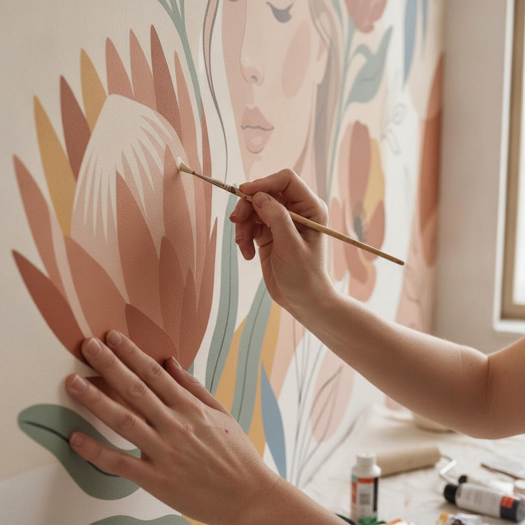 Boho Line Art Protea Mural Wall Art