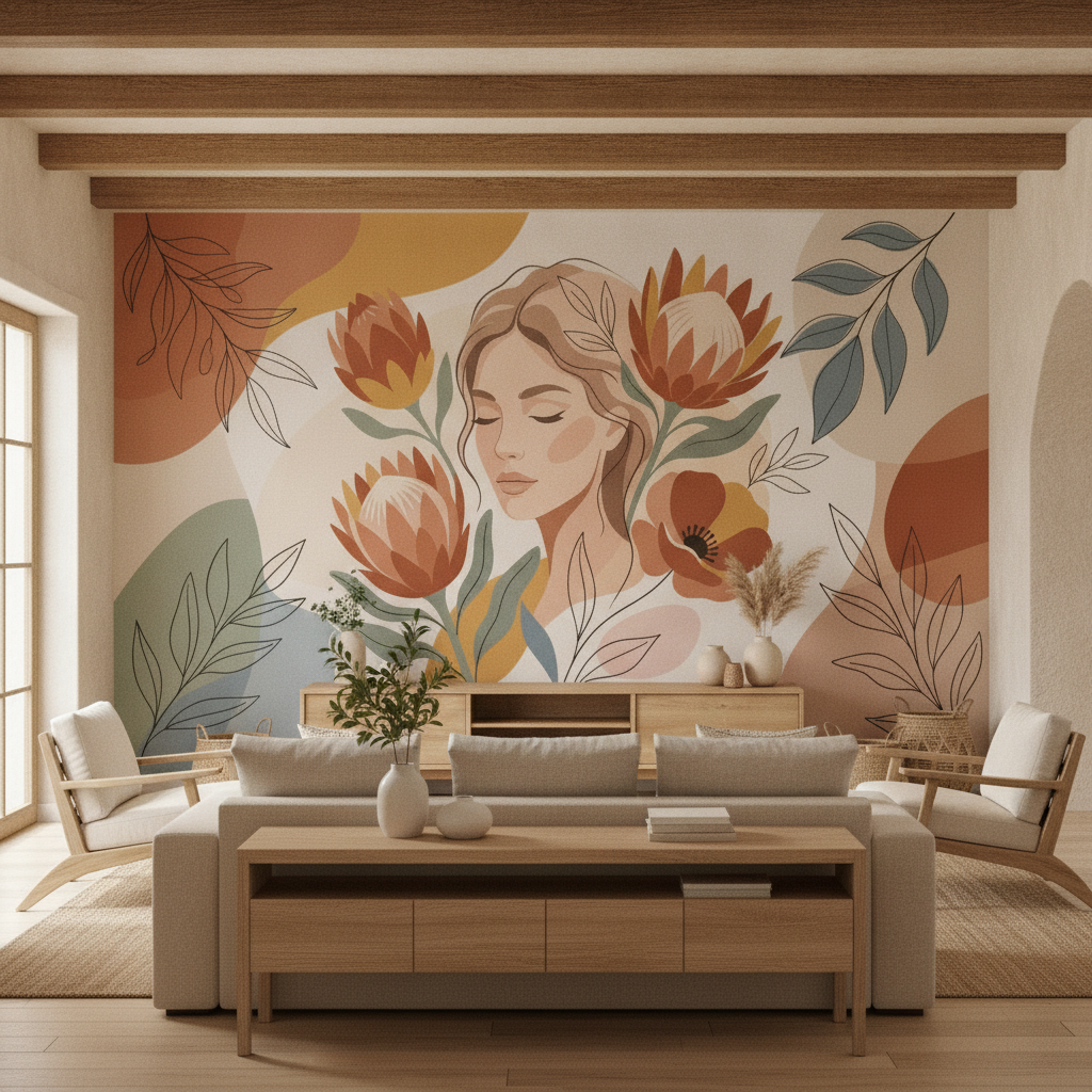 Boho Line Art Protea Mural Wall Art
