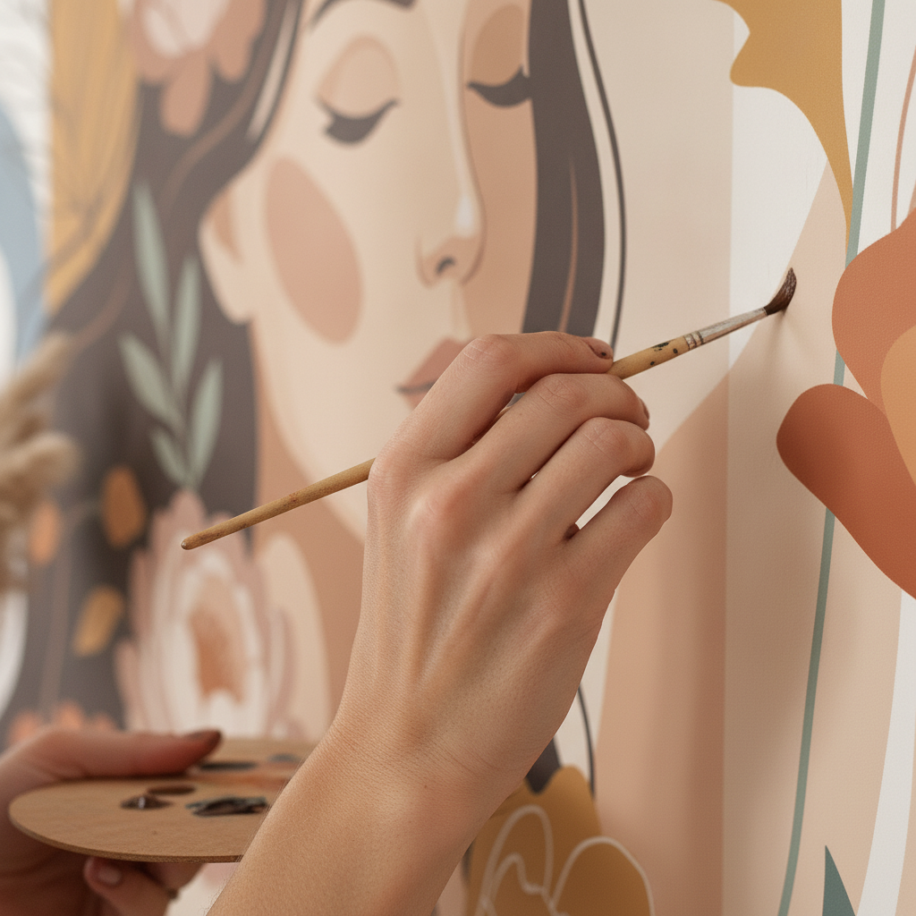 Boho Floral Woman Mural Wall Art