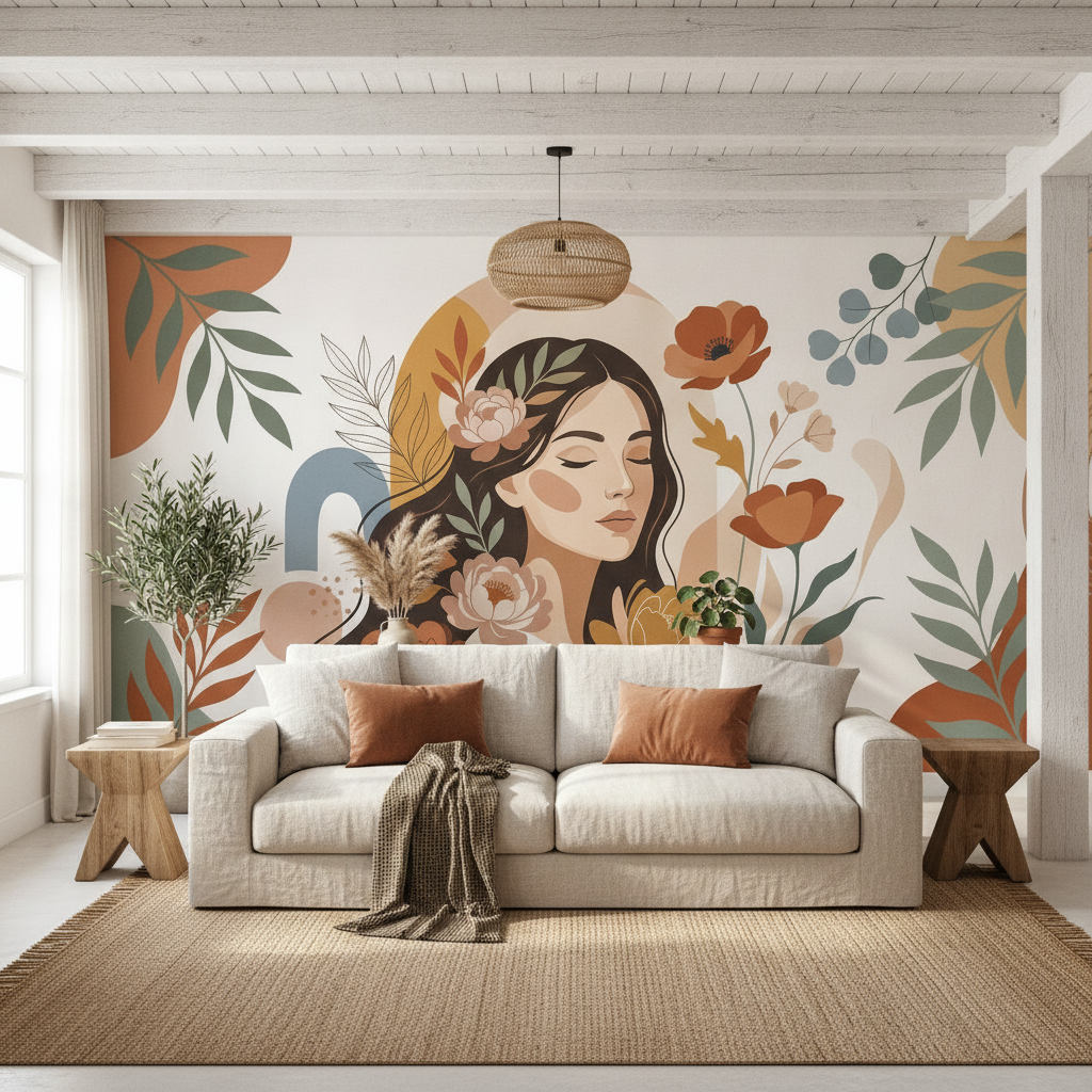 Boho Floral Woman Mural Wall Art