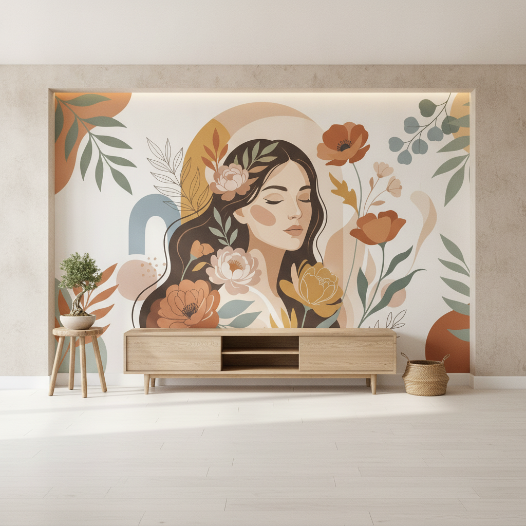 Boho Floral Woman Mural Wall Art
