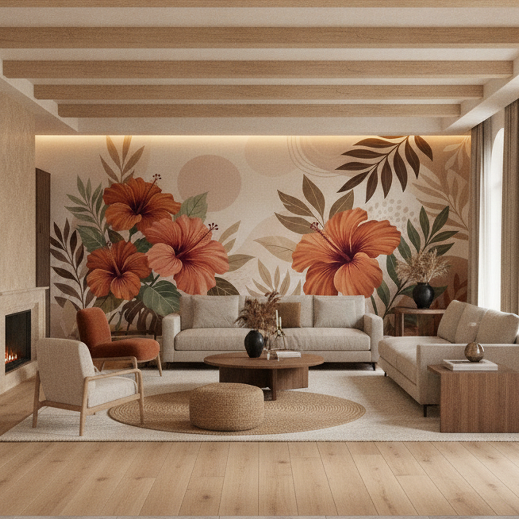 Bold Hibiscus Flower Mural Wall Art