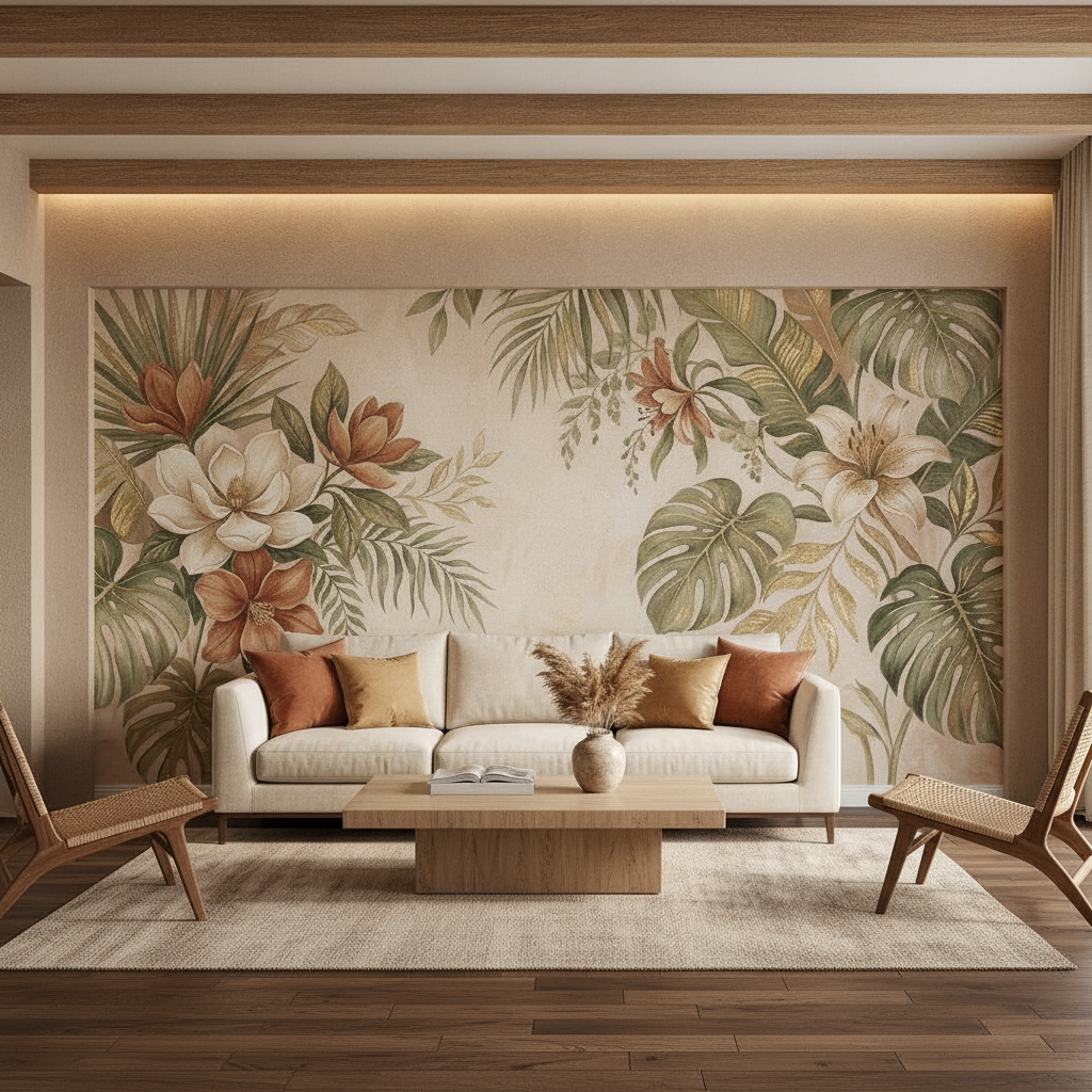 Watercolor Magnolia Monstera Mural Wall Art