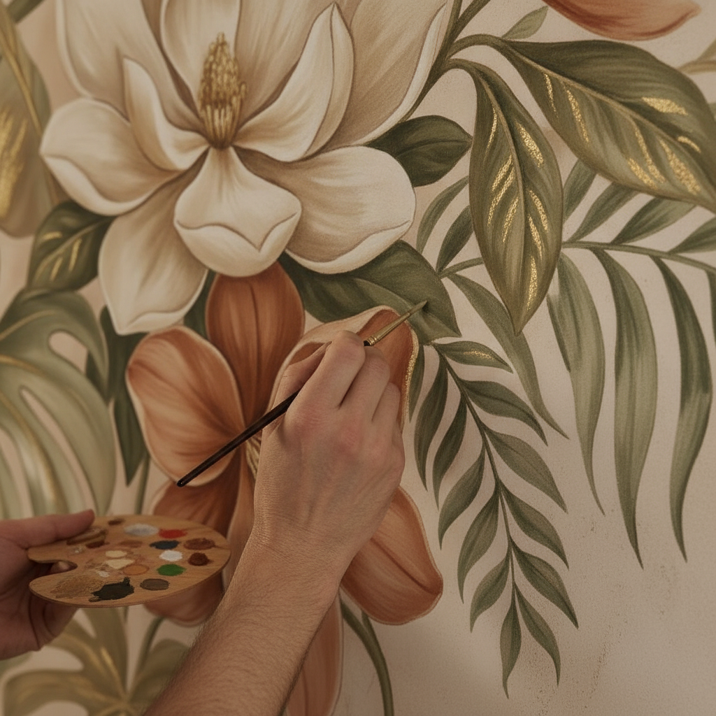 Watercolor Magnolia Monstera Mural Wall Art