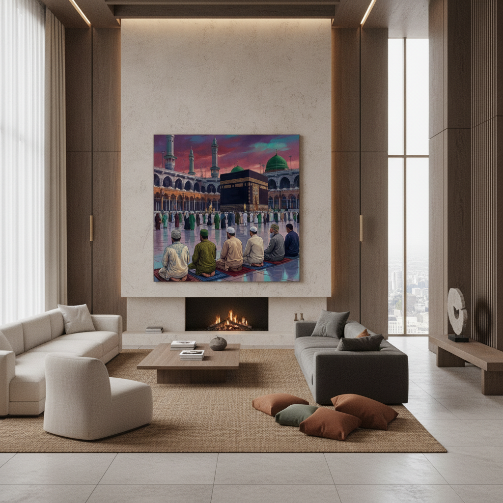 Muslim Men Praying Kaaba Sunset Painting