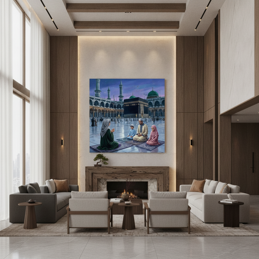 Muslim Family Praying Kaaba Mecca Painting