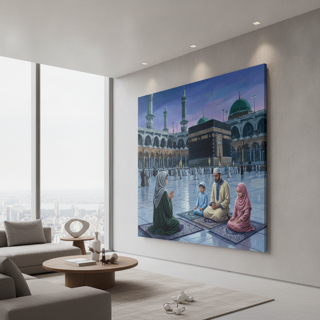 Muslim Family Praying Kaaba Mecca Painting