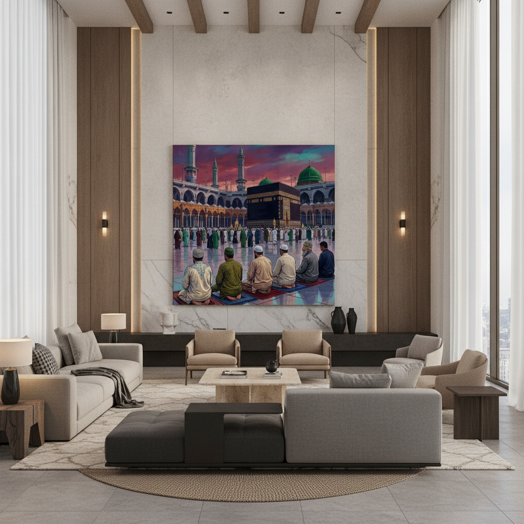 Muslim Men Praying Kaaba Sunset Painting