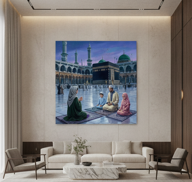Muslim Family Praying Kaaba Mecca Painting