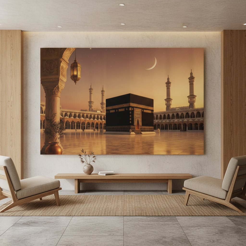Kaaba Mecca Crescent Moon Twilight Painting