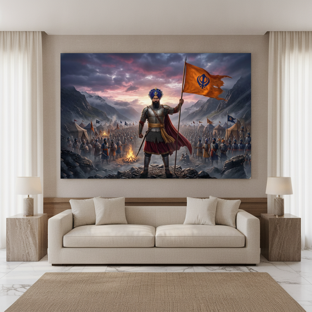Sikh Warrior Khanda Flag Battlefield Painting