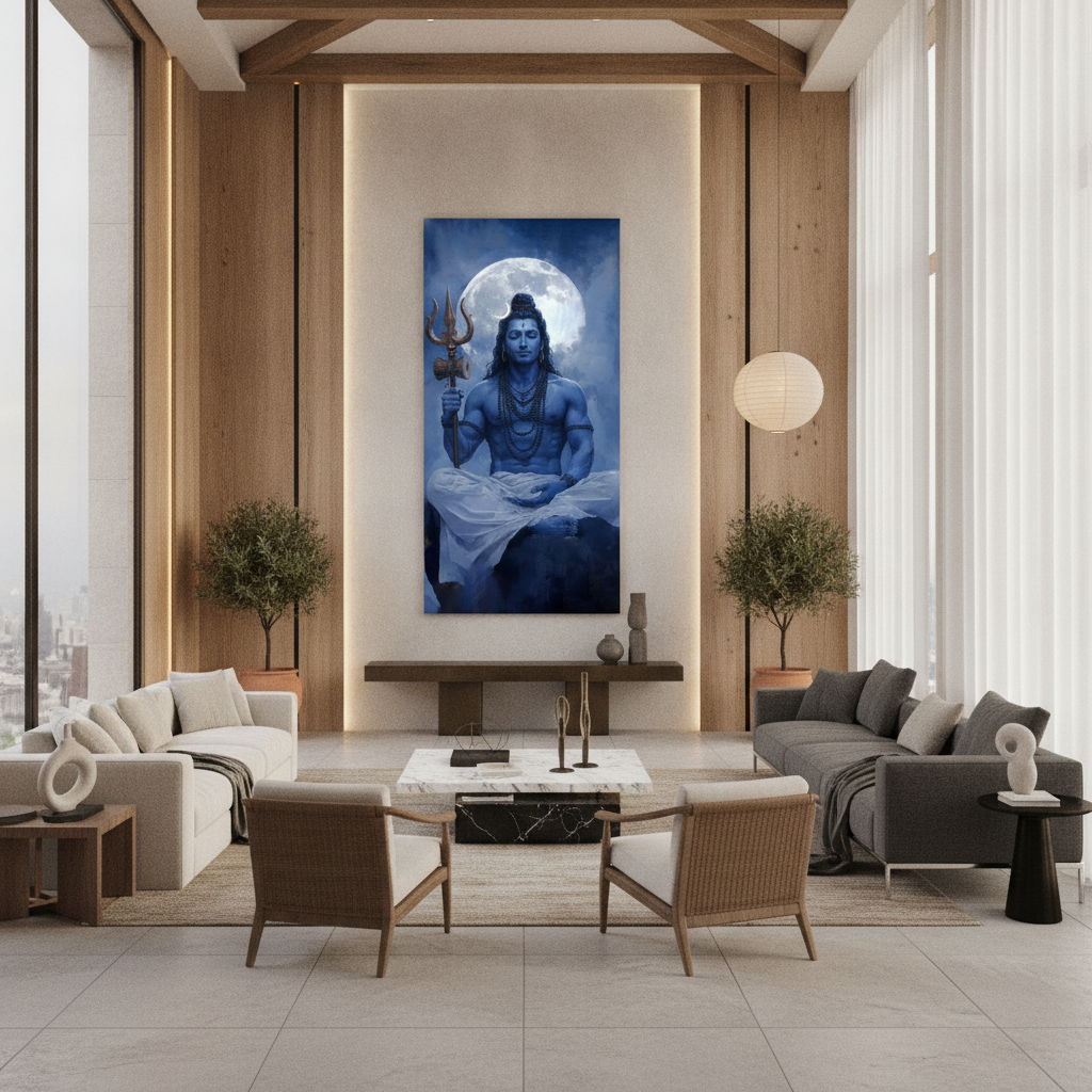Shiva Meditation Painting Full Moon Trident Blue Art