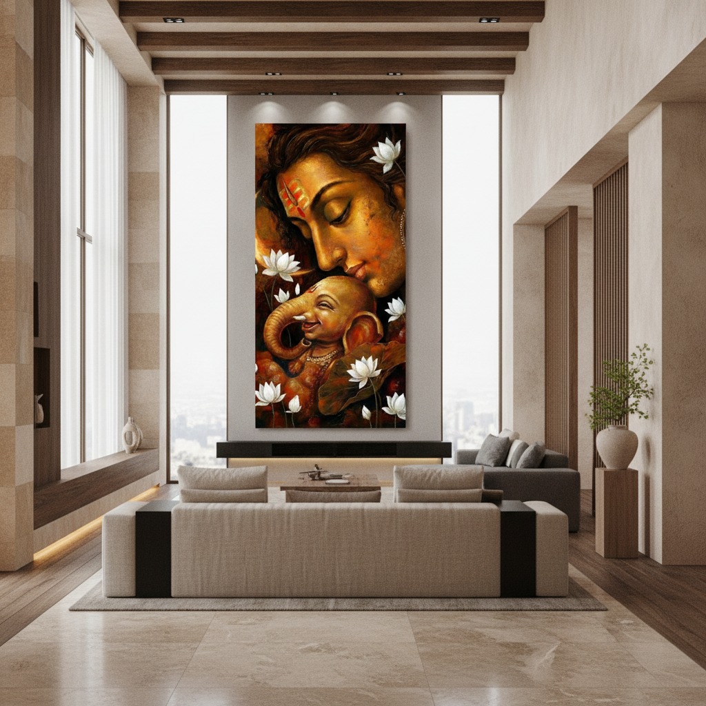 Shiva Ganesha Affection Painting Lotus Golden