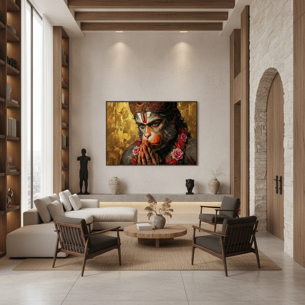 Hanuman Praying Portrait Golden Rose Painting