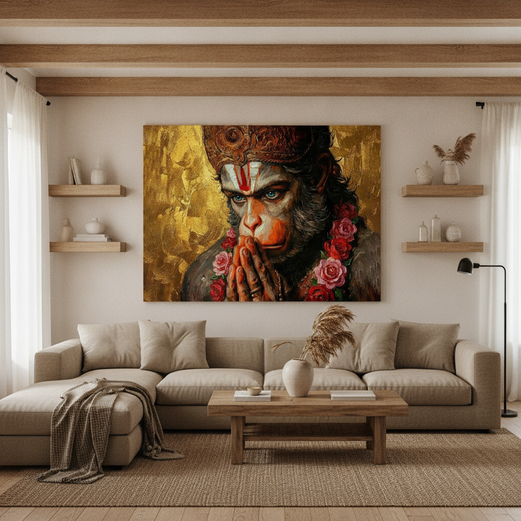 Hanuman Praying Portrait Golden Rose Painting