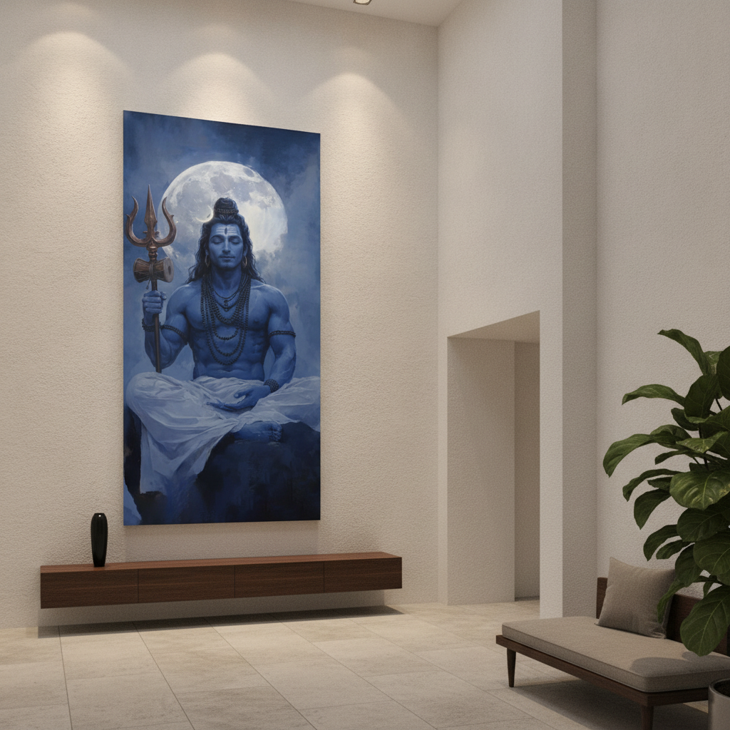 Shiva Meditation Painting Full Moon Trident Blue Art