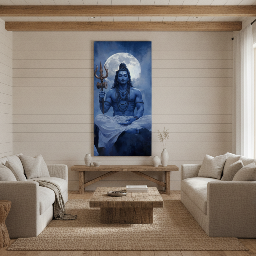 Shiva Meditation Painting Full Moon Trident Blue Art