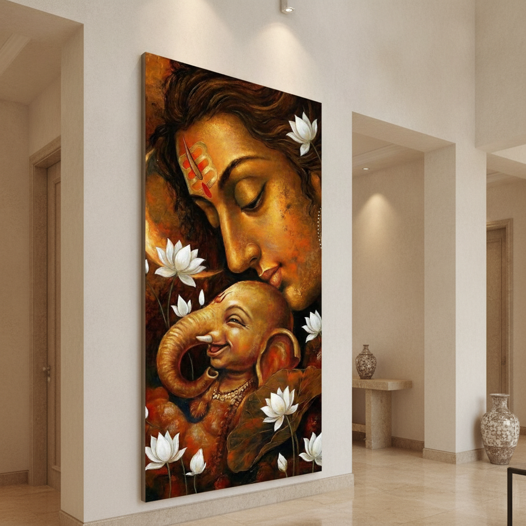 Shiva Ganesha Affection Painting Lotus Golden