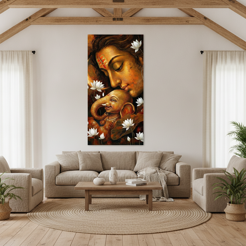 Shiva Ganesha Affection Painting Lotus Golden