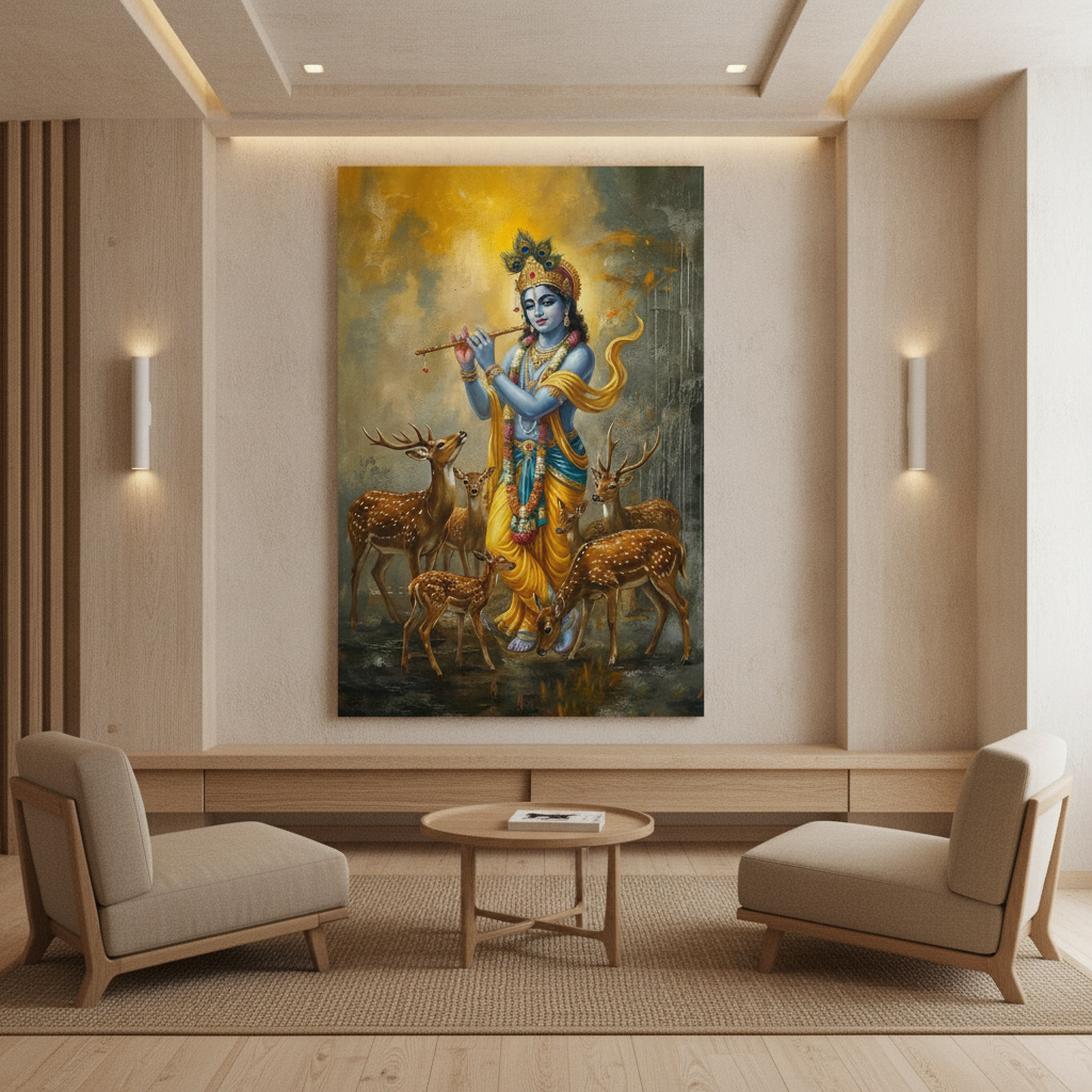Krishna with Deer Peacock Painting