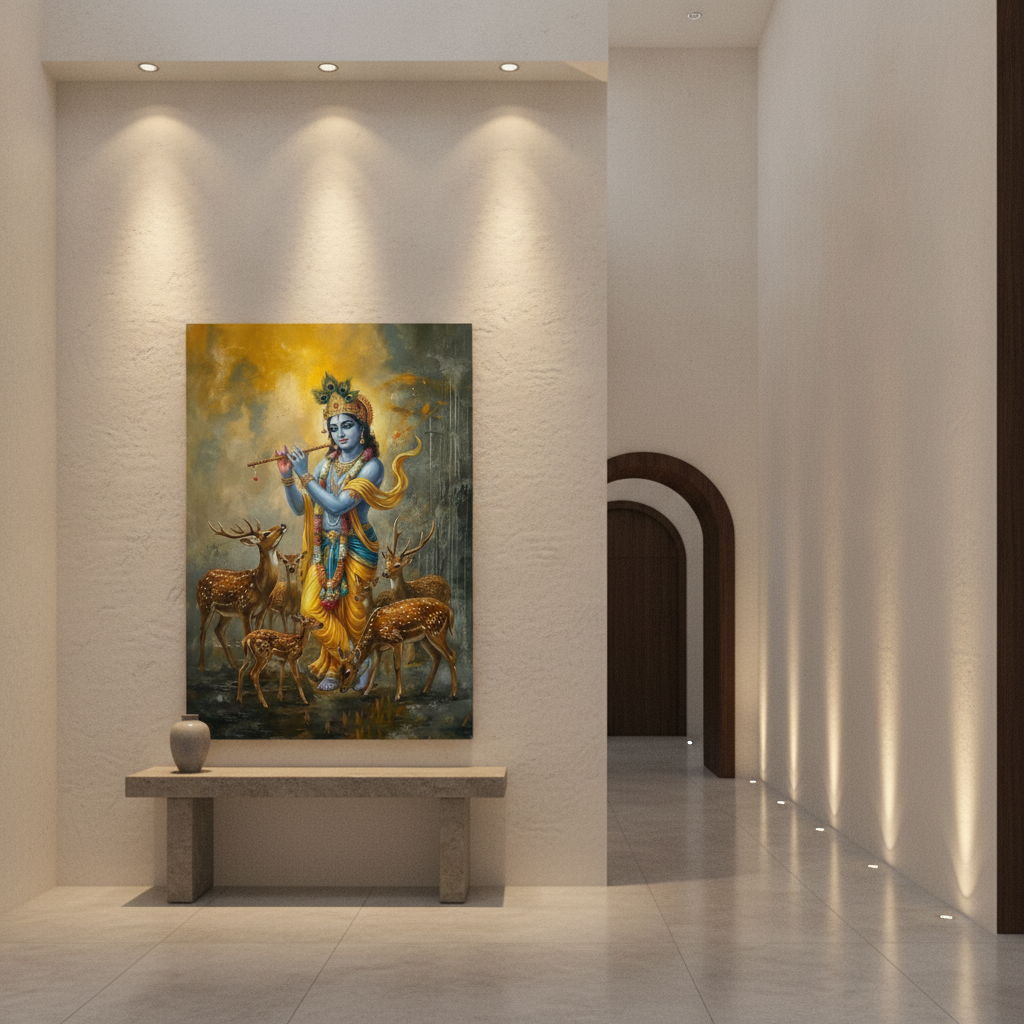 Krishna with Deer Peacock Painting
