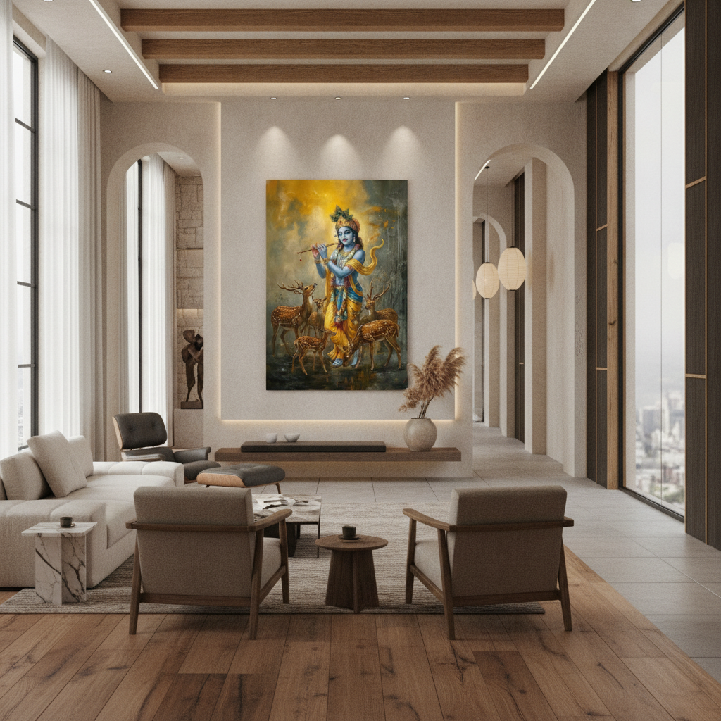 Krishna with Deer Peacock Painting