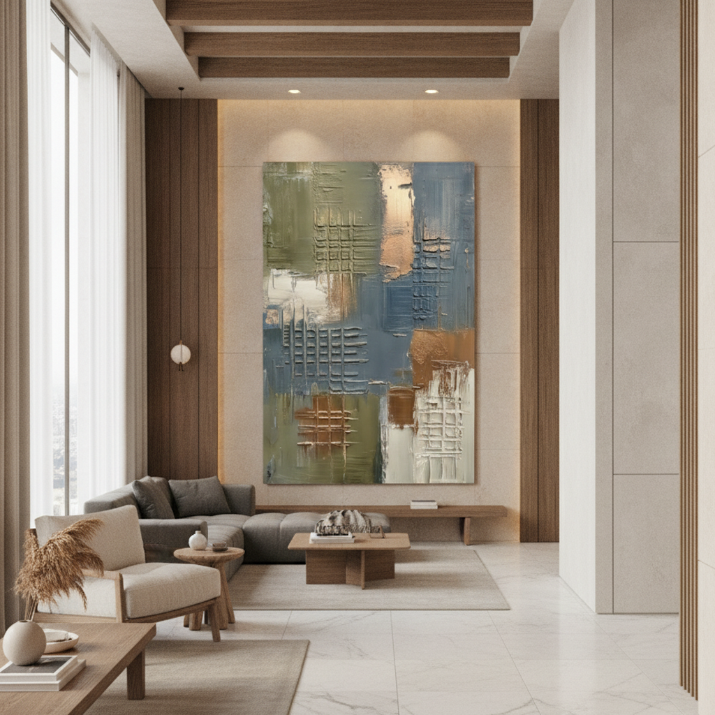 Olive Grey & Copper Textured Grid Abstract Painting