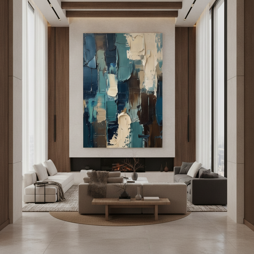 Teal Blue Impasto Abstract Painting
