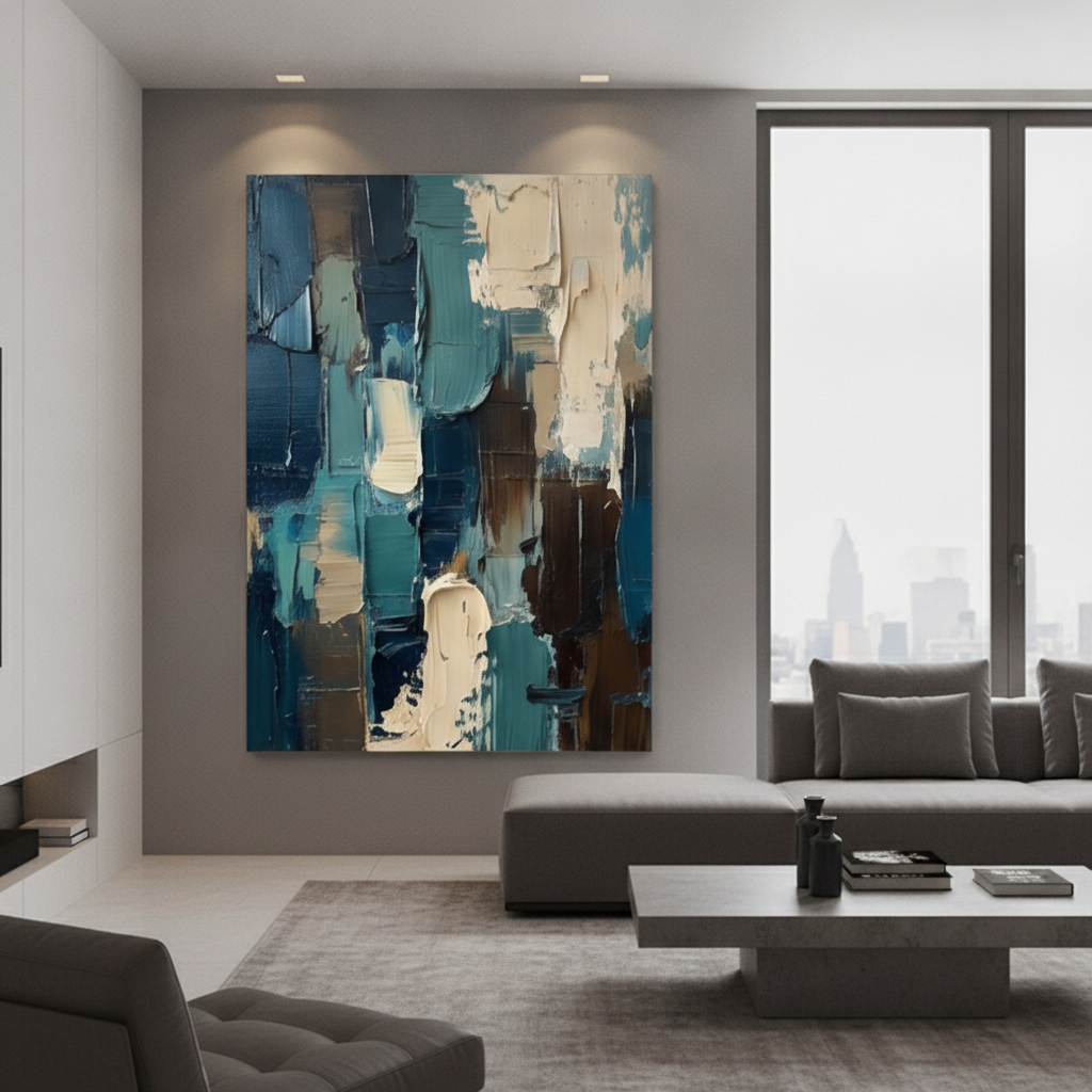 Teal Blue Impasto Abstract Painting