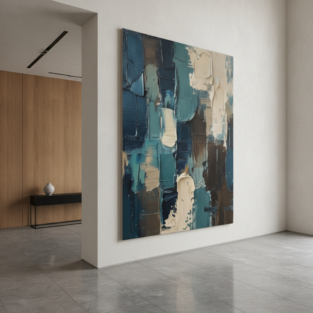 Teal Blue Impasto Abstract Painting