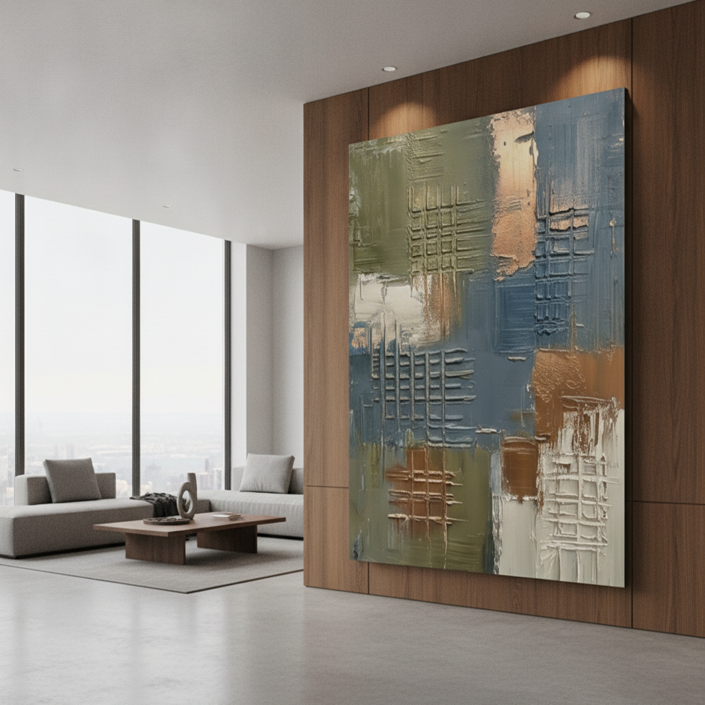 Olive Grey & Copper Textured Grid Abstract Painting