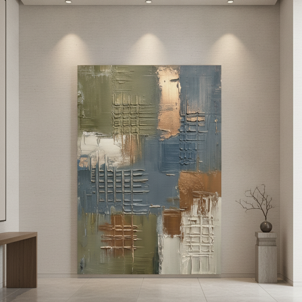 Olive Grey & Copper Textured Grid Abstract Painting