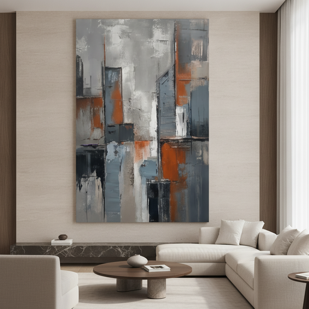 Grey & Orange Urban Cityscape Abstract Painting