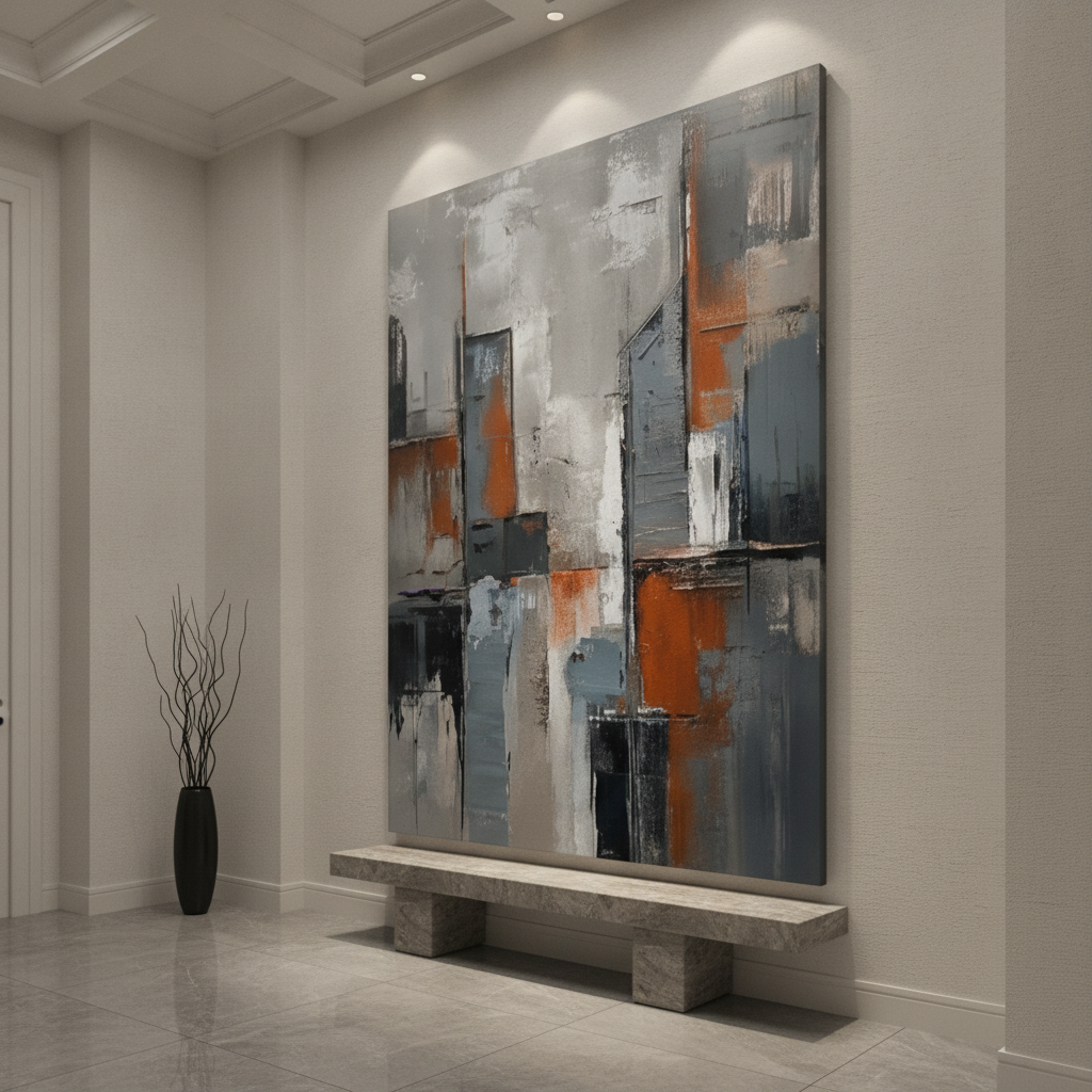 Grey & Orange Urban Cityscape Abstract Painting