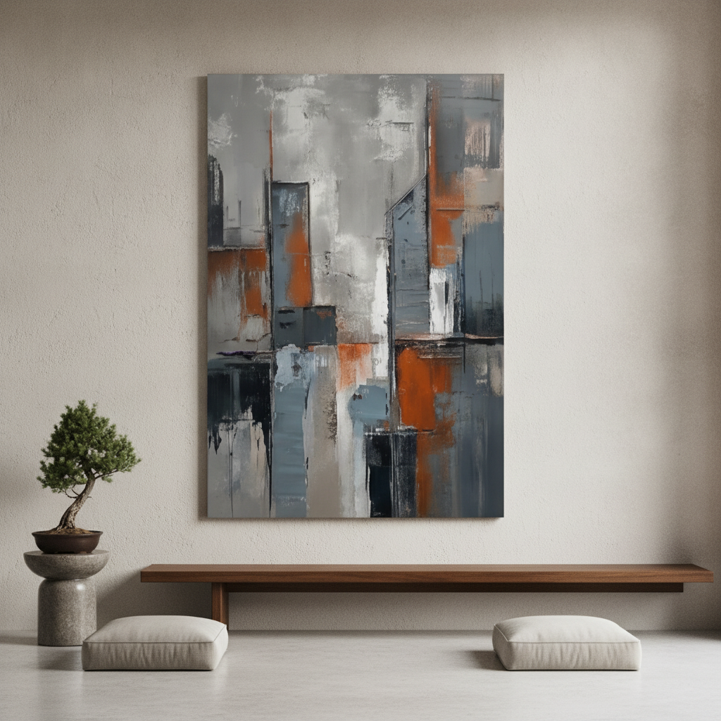 Grey & Orange Urban Cityscape Abstract Painting