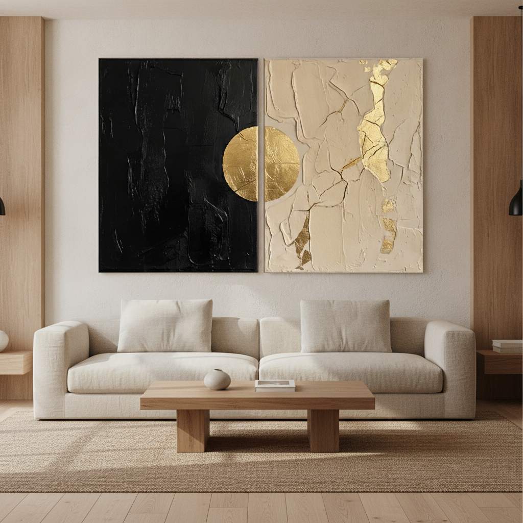 Gold Leaf Black & Beige Diptych Abstract Painting